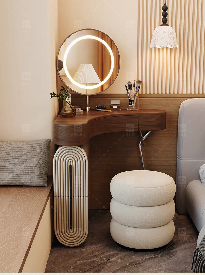 Wholesale Modern Triangle Corner Vanity Table Set LED Light Mirror Storage Drawers Stool Small Space Bedroom Hotel Use