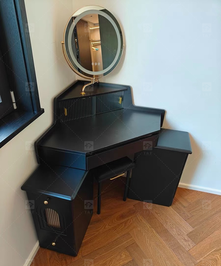 Wholesale Modern Triangle Corner Vanity Table Set LED Light Mirror Storage Drawers Stool Small Space Bedroom Hotel Use