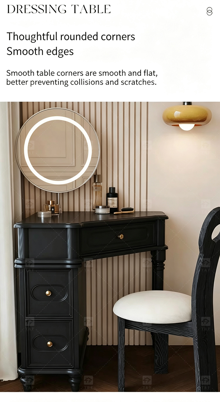 Wholesale Modern Triangle Corner Vanity Table Set LED Light Mirror Storage Drawers Stool Small Space Bedroom Hotel Use