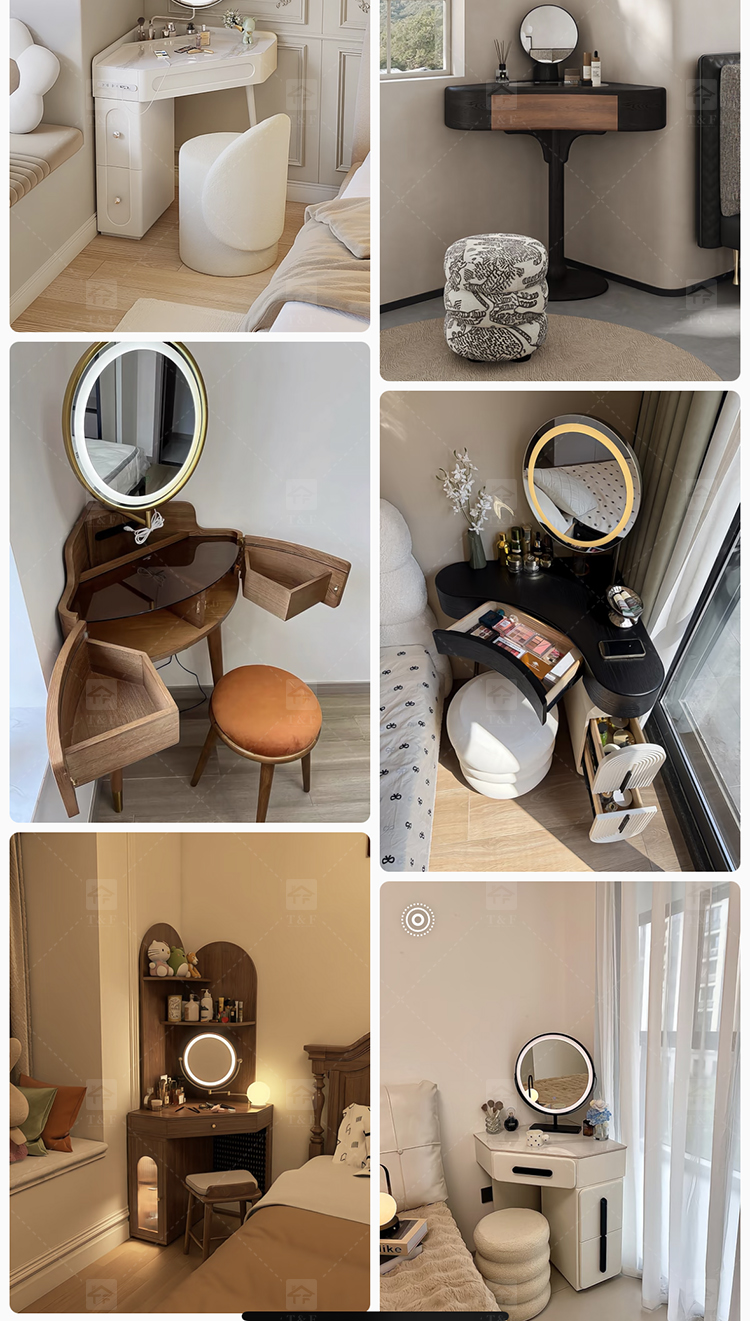 Wholesale Modern Triangle Corner Vanity Table Set LED Light Mirror Storage Drawers Stool Small Space Bedroom Hotel Use