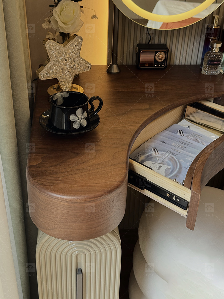 Wholesale Modern Triangle Corner Vanity Table Set LED Light Mirror Storage Drawers Stool Small Space Bedroom Hotel Use