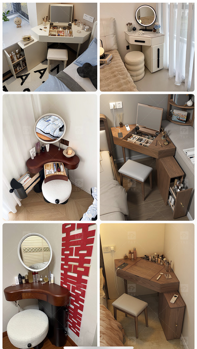 Wholesale Modern Triangle Corner Vanity Table Set LED Light Mirror Storage Drawers Stool Small Space Bedroom Hotel Use
