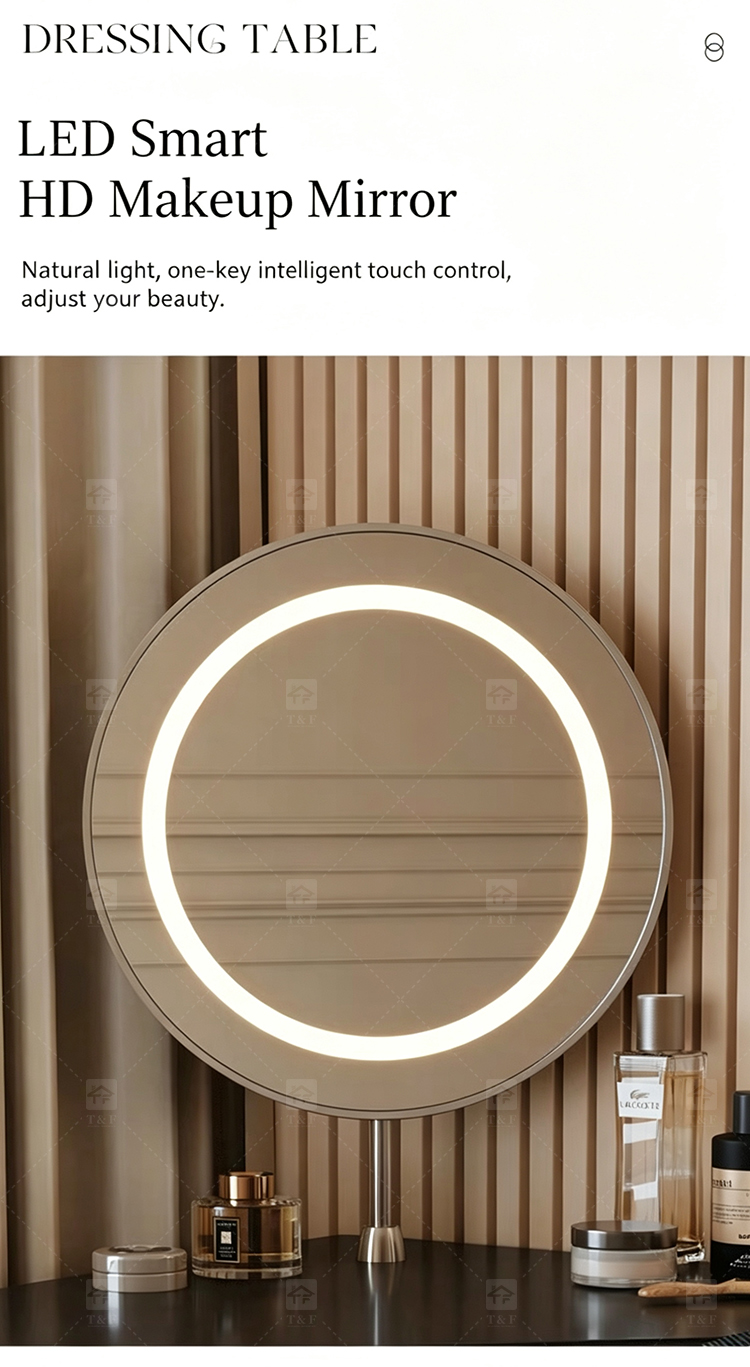 Wholesale Modern Triangle Corner Vanity Table Set LED Light Mirror Storage Drawers Stool Small Space Bedroom Hotel Use