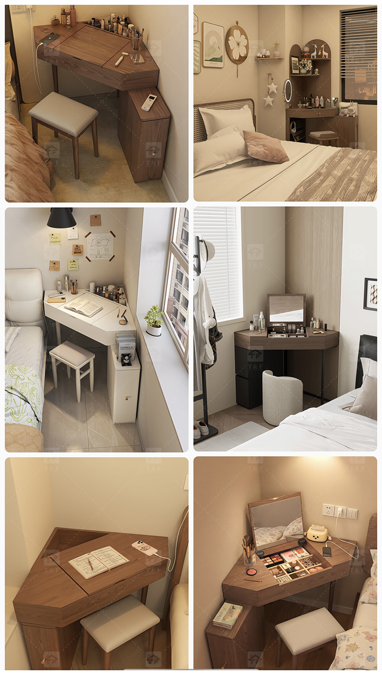 Wholesale Modern Triangle Corner Vanity Table Set LED Light Mirror Storage Drawers Stool Small Space Bedroom Hotel Use