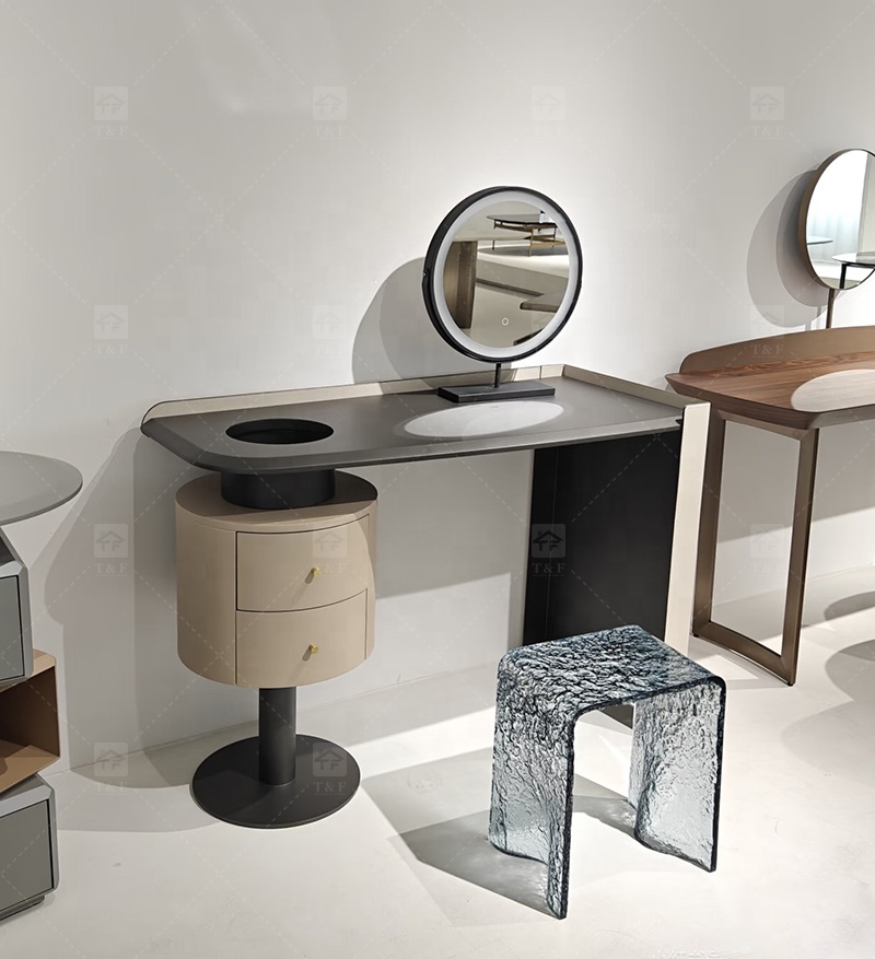 Hot Sale Italian Minimalist Solid Wood Vanity Table Set with Curved Matte Top Rotatable Cube Drawer for Bedroom & Bathroom