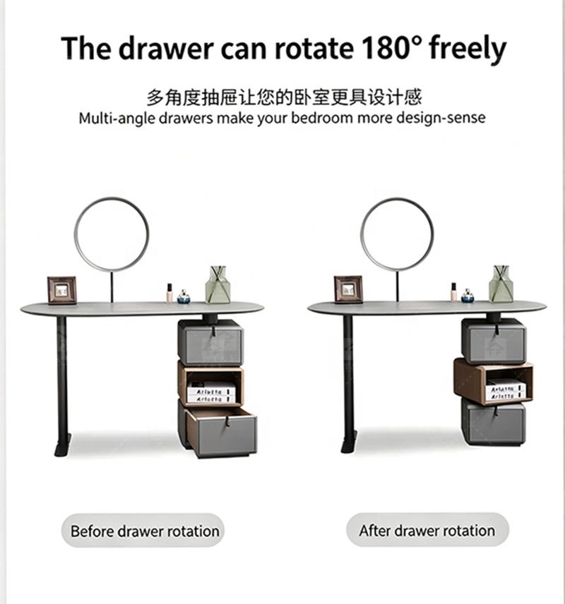Hot Sale Italian Minimalist Solid Wood Vanity Table Set with Curved Matte Top Rotatable Cube Drawer for Bedroom & Bathroom
