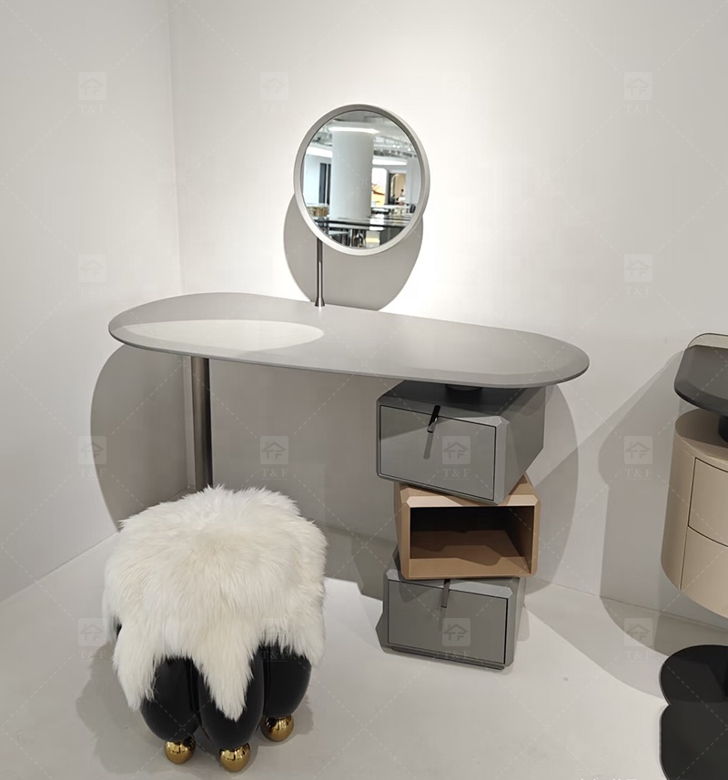 Hot Sale Italian Minimalist Solid Wood Vanity Table Set with Curved Matte Top Rotatable Cube Drawer for Bedroom & Bathroom