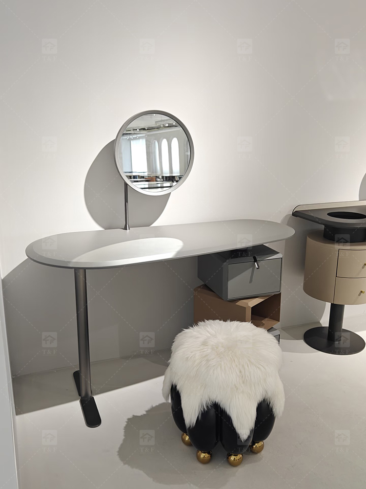 Hot Sale Italian Minimalist Solid Wood Vanity Table Set with Curved Matte Top Rotatable Cube Drawer for Bedroom & Bathroom