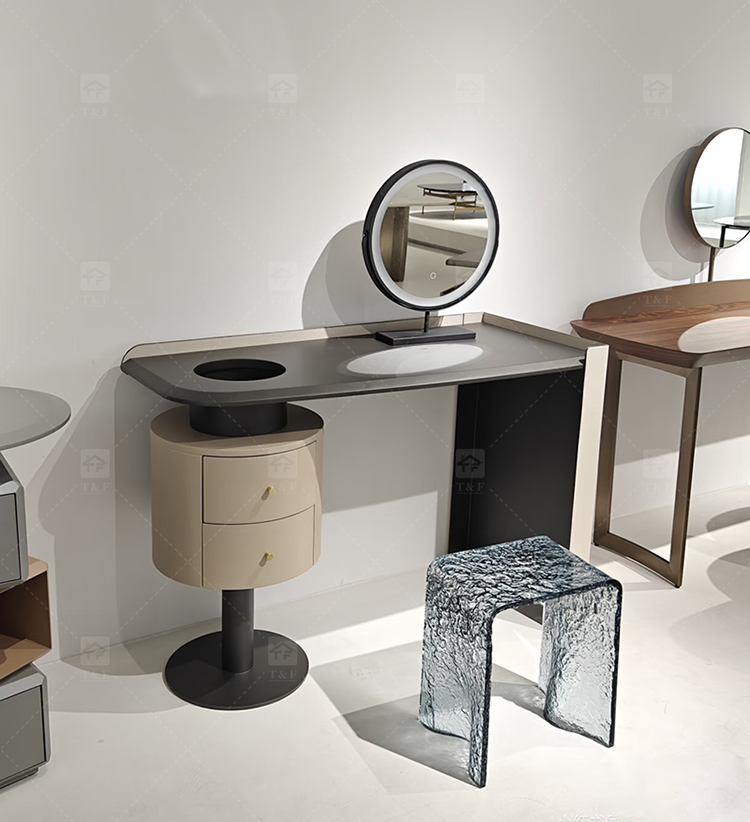 Hot Sale Italian Minimalist Solid Wood Vanity Table Set with Curved Matte Top Rotatable Cube Drawer for Bedroom & Bathroom
