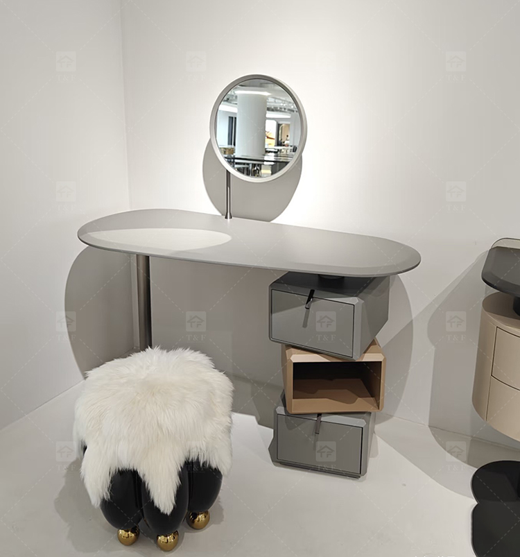 Hot Sale Italian Minimalist Solid Wood Vanity Table Set with Curved Matte Top Rotatable Cube Drawer for Bedroom & Bathroom