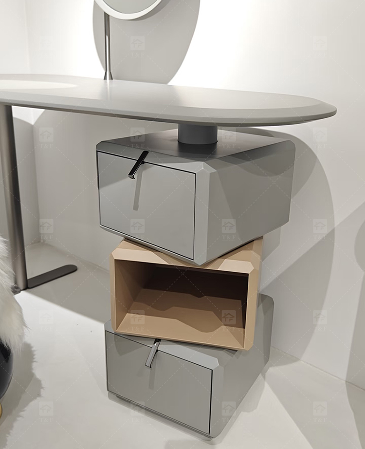 Hot Sale Italian Minimalist Solid Wood Vanity Table Set with Curved Matte Top Rotatable Cube Drawer for Bedroom & Bathroom