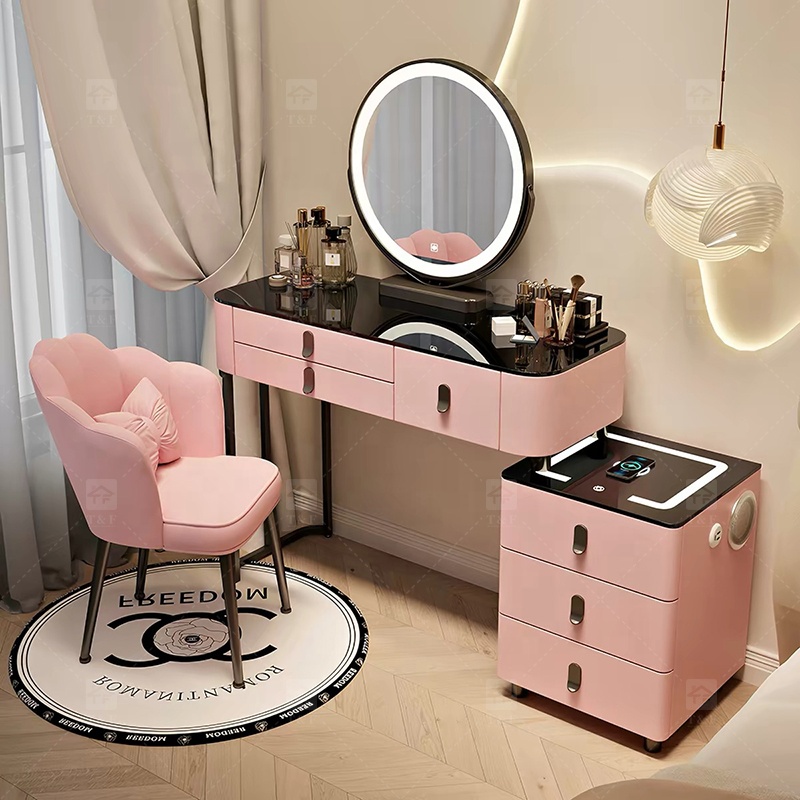 Modern Light Luxury Smart Vanity Dressing Table LED Mirror Wireless Charging Bluetooth Speaker Storage Cabinet Hotel Bedroom