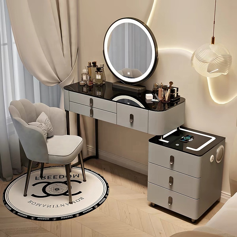 Modern Light Luxury Smart Vanity Dressing Table LED Mirror Wireless Charging Bluetooth Speaker Storage Cabinet Hotel Bedroom