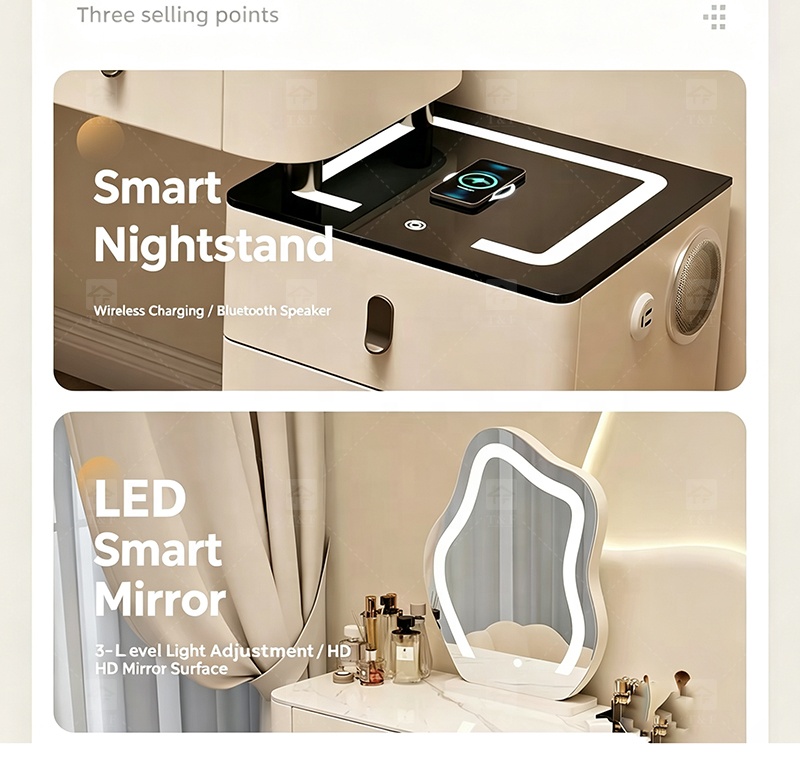 Modern Light Luxury Smart Vanity Dressing Table LED Mirror Wireless Charging Bluetooth Speaker Storage Cabinet Hotel Bedroom