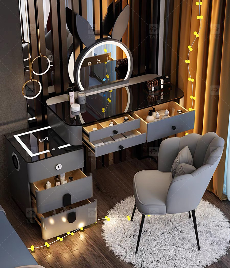 Modern Light Luxury Smart Vanity Dressing Table LED Mirror Wireless Charging Bluetooth Speaker Storage Cabinet Hotel Bedroom
