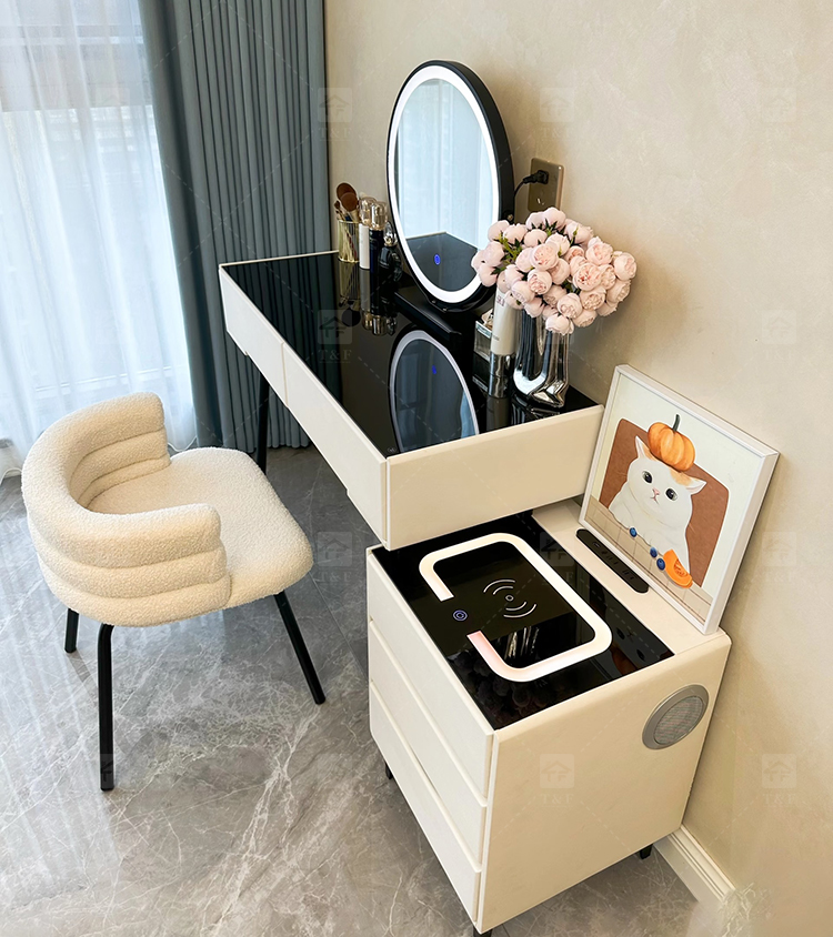 Modern Light Luxury Smart Vanity Dressing Table LED Mirror Wireless Charging Bluetooth Speaker Storage Cabinet Hotel Bedroom