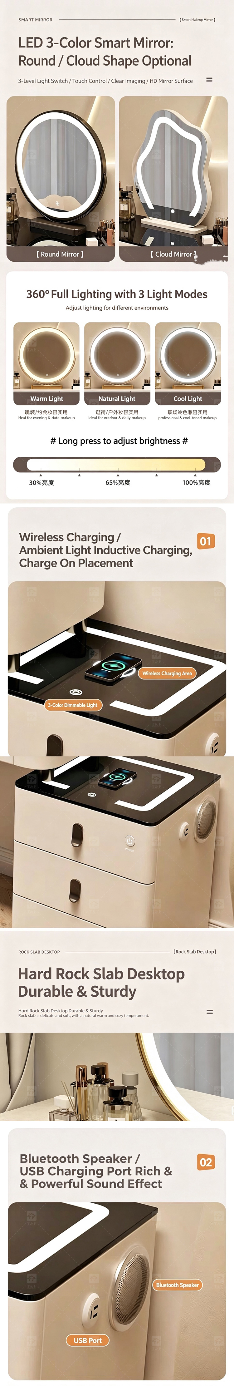 Modern Light Luxury Smart Vanity Dressing Table LED Mirror Wireless Charging Bluetooth Speaker Storage Cabinet Hotel Bedroom