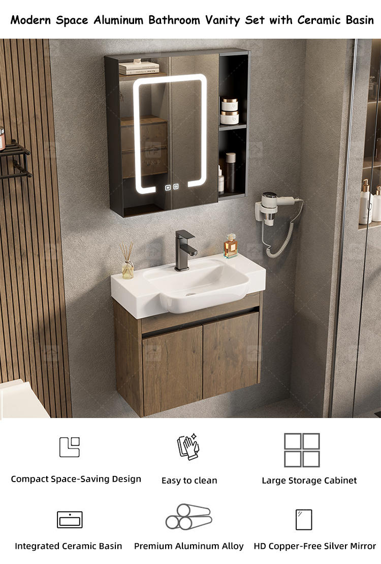 Modern Premium Aluminum Bathroom Vanity Cabinet with Ceramic Basin Sink Narrow Wall Mounted Cabinet for Small Bathrooms