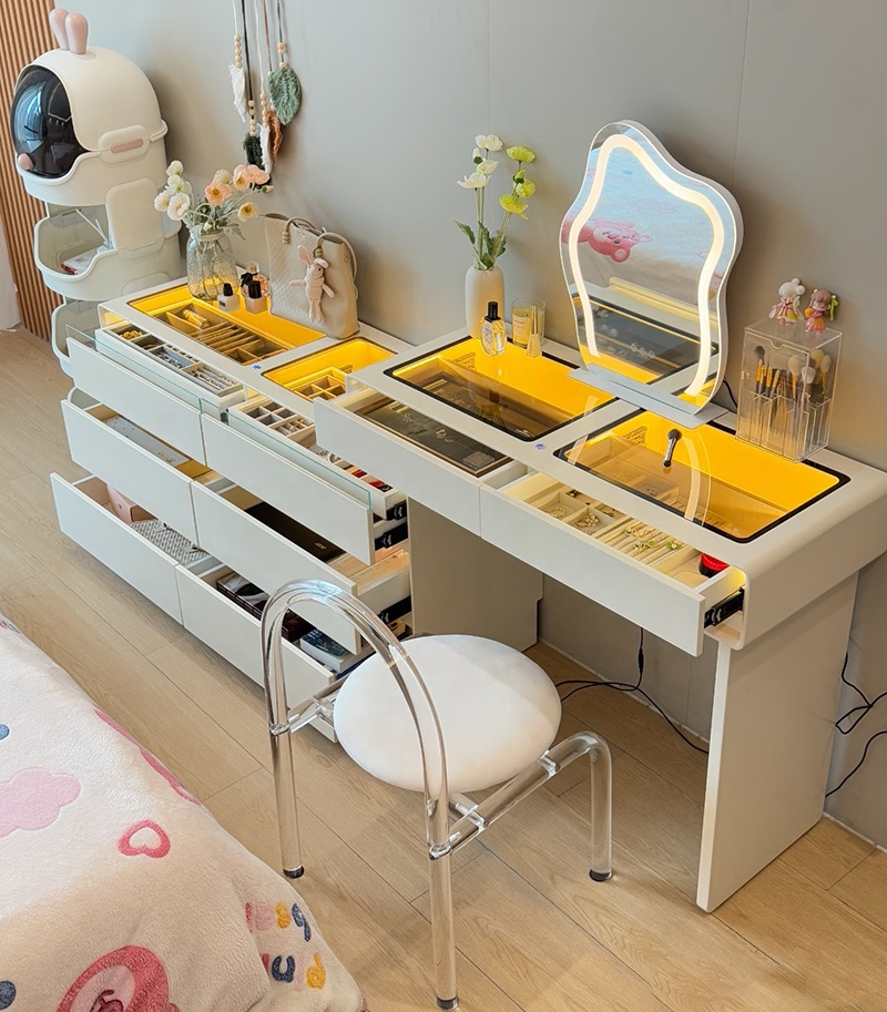 Modern Lighted Ins Aesthetic Cream White Makeup Dressing Table Tempered Glass Top Dustproof Jewelry Storage Bedroom Bathroom