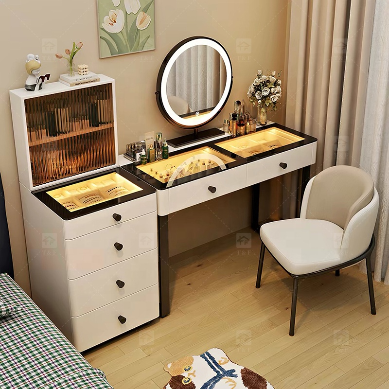 Modern Lighted Ins Aesthetic Cream White Makeup Dressing Table Tempered Glass Top Dustproof Jewelry Storage Bedroom Bathroom