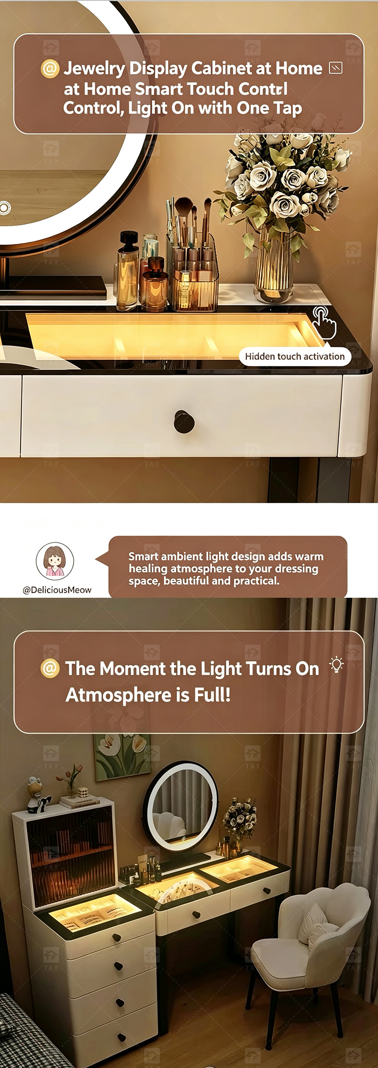 Modern Lighted Ins Aesthetic Cream White Makeup Dressing Table Tempered Glass Top Dustproof Jewelry Storage Bedroom Bathroom