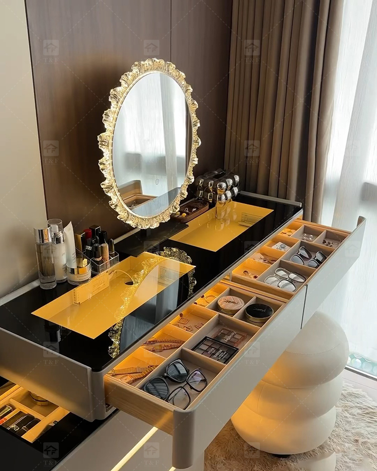 Modern Lighted Ins Aesthetic Cream White Makeup Dressing Table Tempered Glass Top Dustproof Jewelry Storage Bedroom Bathroom