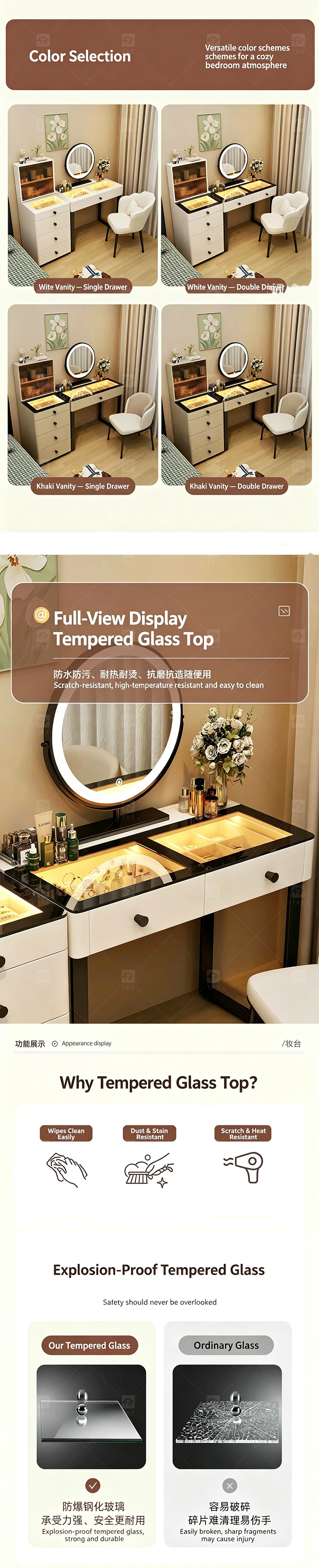 Modern Lighted Ins Aesthetic Cream White Makeup Dressing Table Tempered Glass Top Dustproof Jewelry Storage Bedroom Bathroom