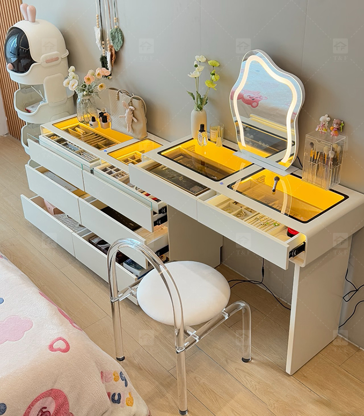 Modern Lighted Ins Aesthetic Cream White Makeup Dressing Table Tempered Glass Top Dustproof Jewelry Storage Bedroom Bathroom