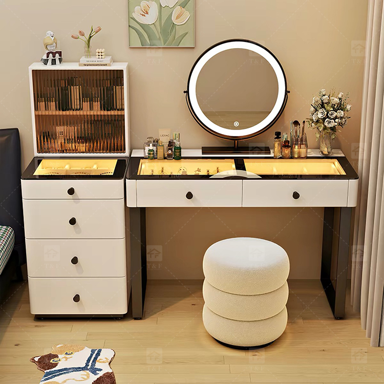 Modern Lighted Ins Aesthetic Cream White Makeup Dressing Table Tempered Glass Top Dustproof Jewelry Storage Bedroom Bathroom