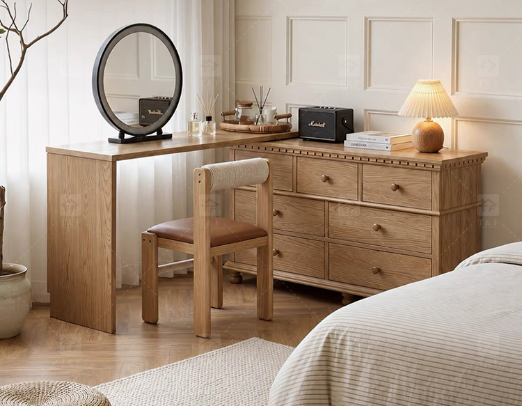 Modern Lighted Solid Wood Makeup Vanity Chest Round Anti-collision Corner Storage Cabinet for Bedroom & Bathroom Use