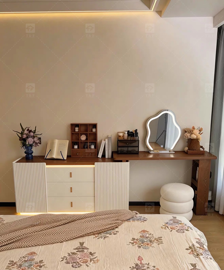 Modern Lighted Solid Wood Makeup Vanity Chest Round Anti-collision Corner Storage Cabinet for Bedroom & Bathroom Use