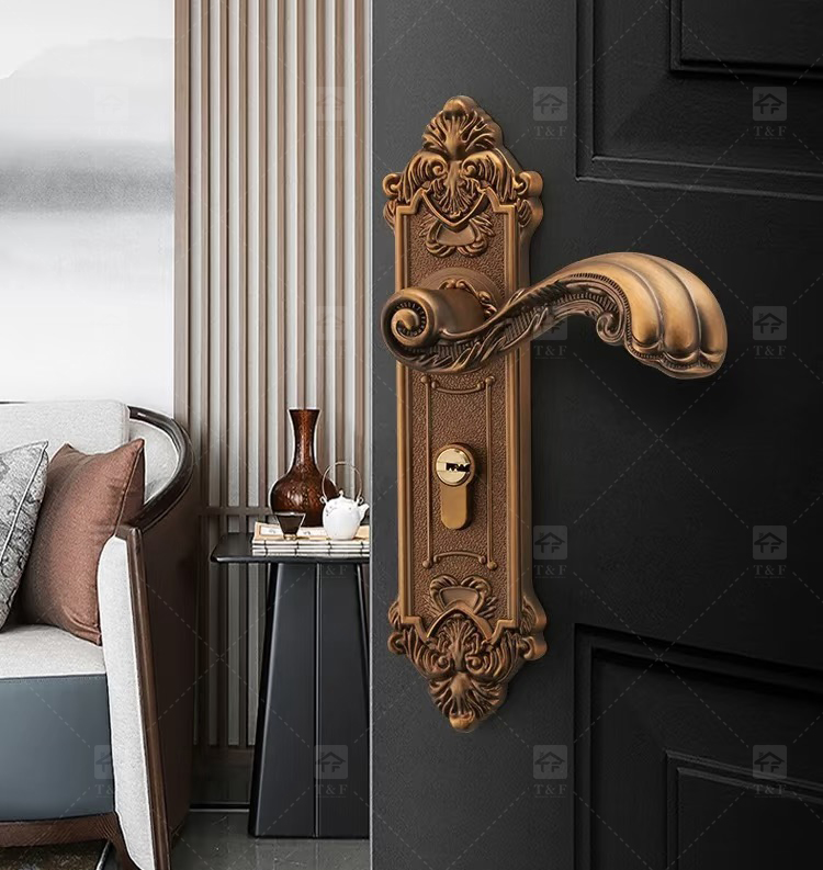 Modern Door Lever Handle Set Scroll Engraved Lock 304 Stainless Steel Brass Finish Easy Installation Hotel Apartment Use