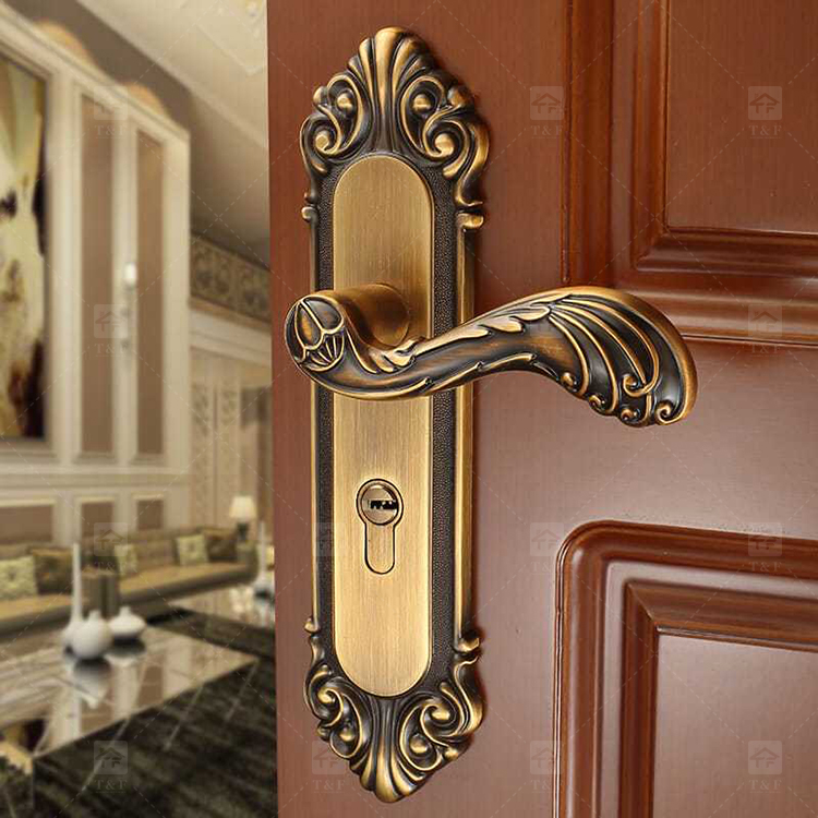 Modern Door Lever Handle Set Scroll Engraved Lock 304 Stainless Steel Brass Finish Easy Installation Hotel Apartment Use