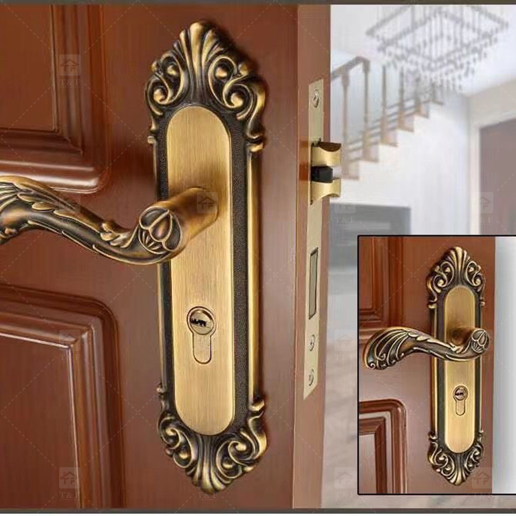 Modern Door Lever Handle Set Scroll Engraved Lock 304 Stainless Steel Brass Finish Easy Installation Hotel Apartment Use
