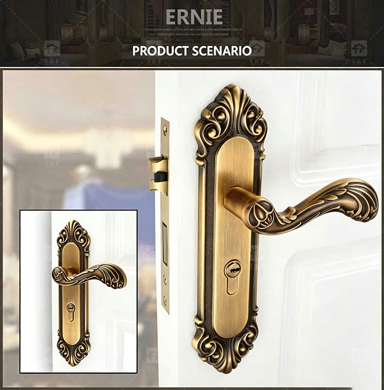 Modern Door Lever Handle Set Scroll Engraved Lock 304 Stainless Steel Brass Finish Easy Installation Hotel Apartment Use