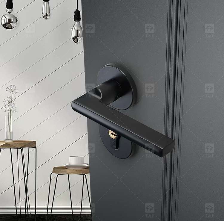 Modern Matte Black Interior Door Handle Split Base Lever Lock Quiet Bearing Easy Installation for Bedroom Bathroom Villa Hotel