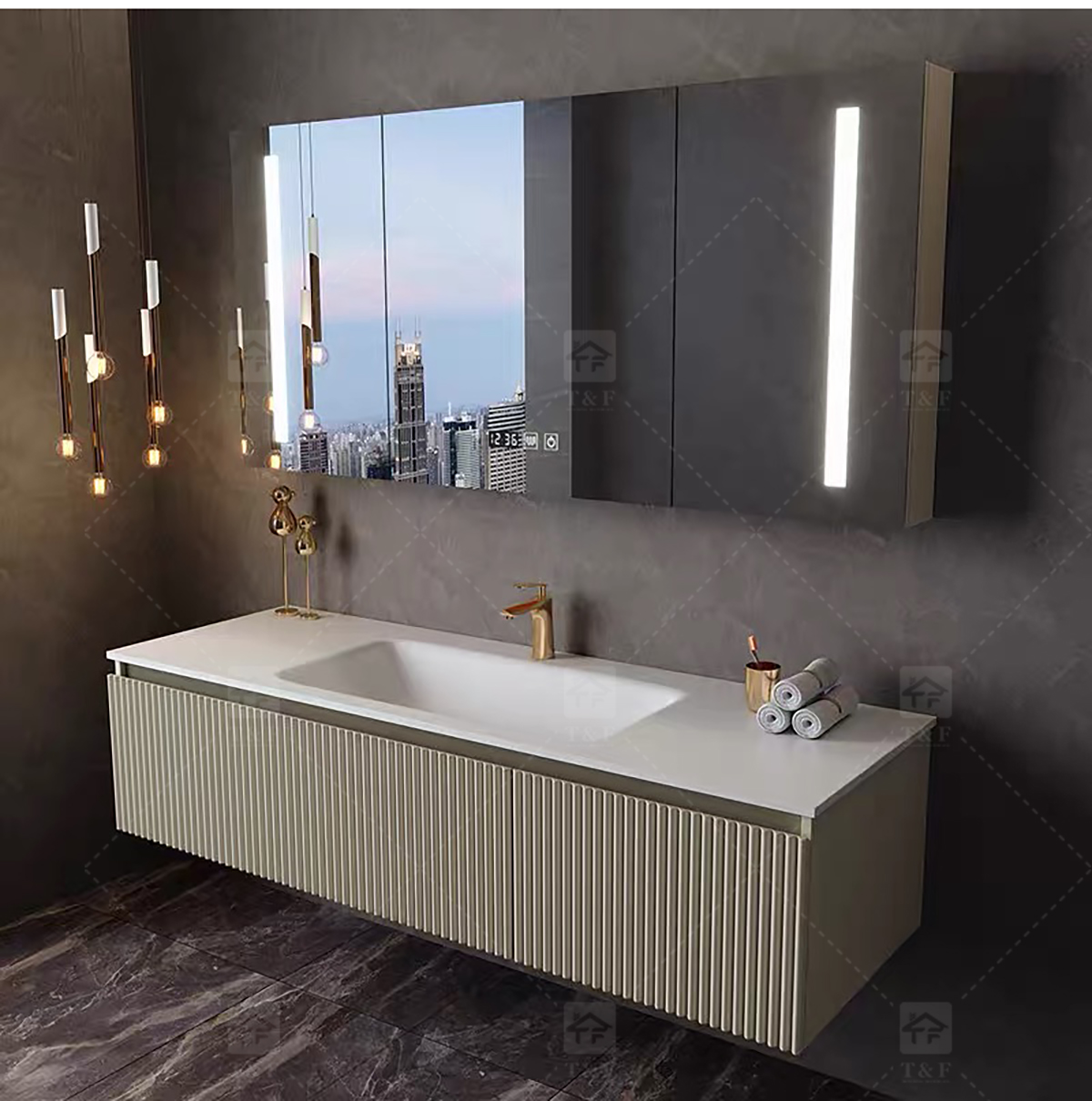 Modern Wall-Mounted Floating Bathroom Vanity with 3D Fluted Cabinet Front, Integrated Basin Sink and LED Half Moon Mirror