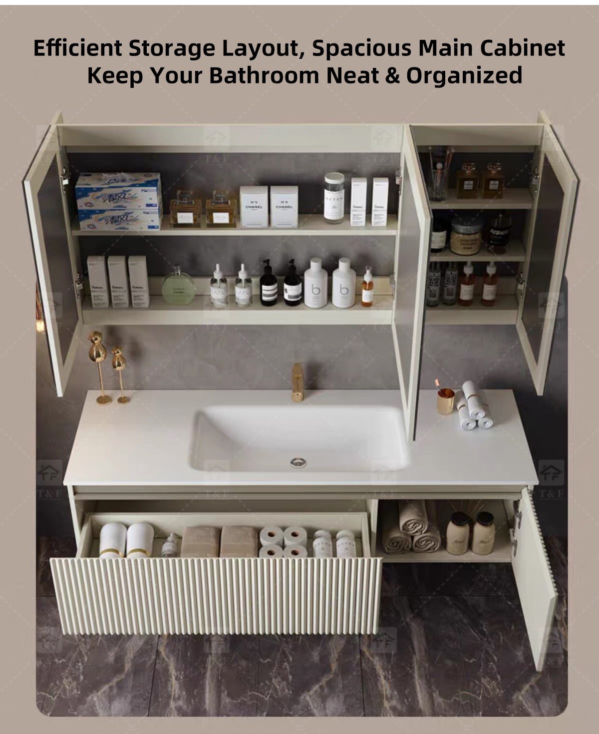 Modern Wall-Mounted Floating Bathroom Vanity with 3D Fluted Cabinet Front, Integrated Basin Sink and LED Half Moon Mirror