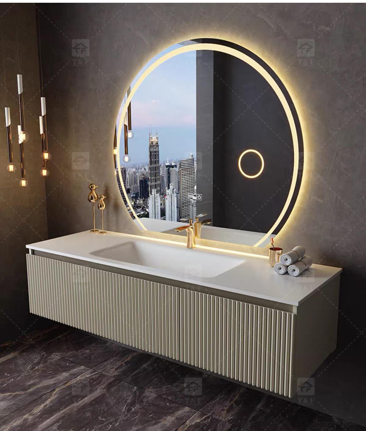 Modern Wall-Mounted Floating Bathroom Vanity with 3D Fluted Cabinet Front, Integrated Basin Sink and LED Half Moon Mirror