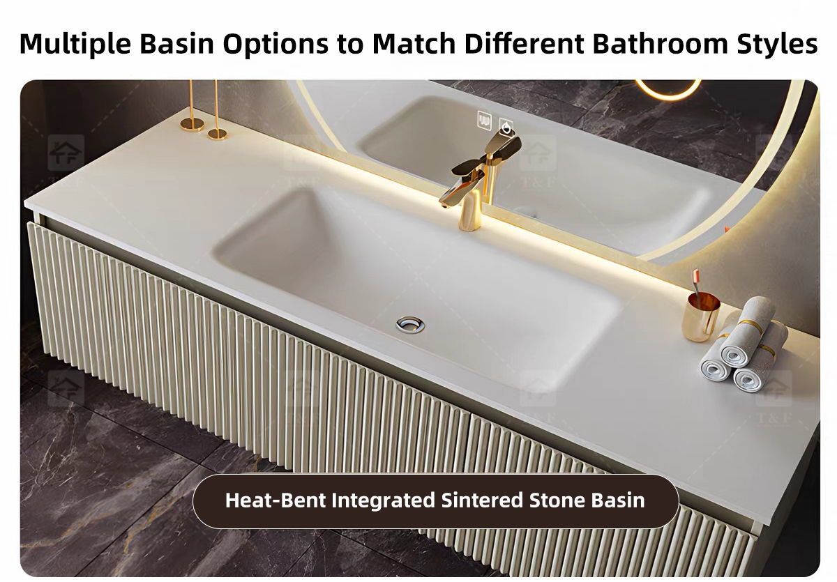 Modern Wall-Mounted Floating Bathroom Vanity with 3D Fluted Cabinet Front, Integrated Basin Sink and LED Half Moon Mirror