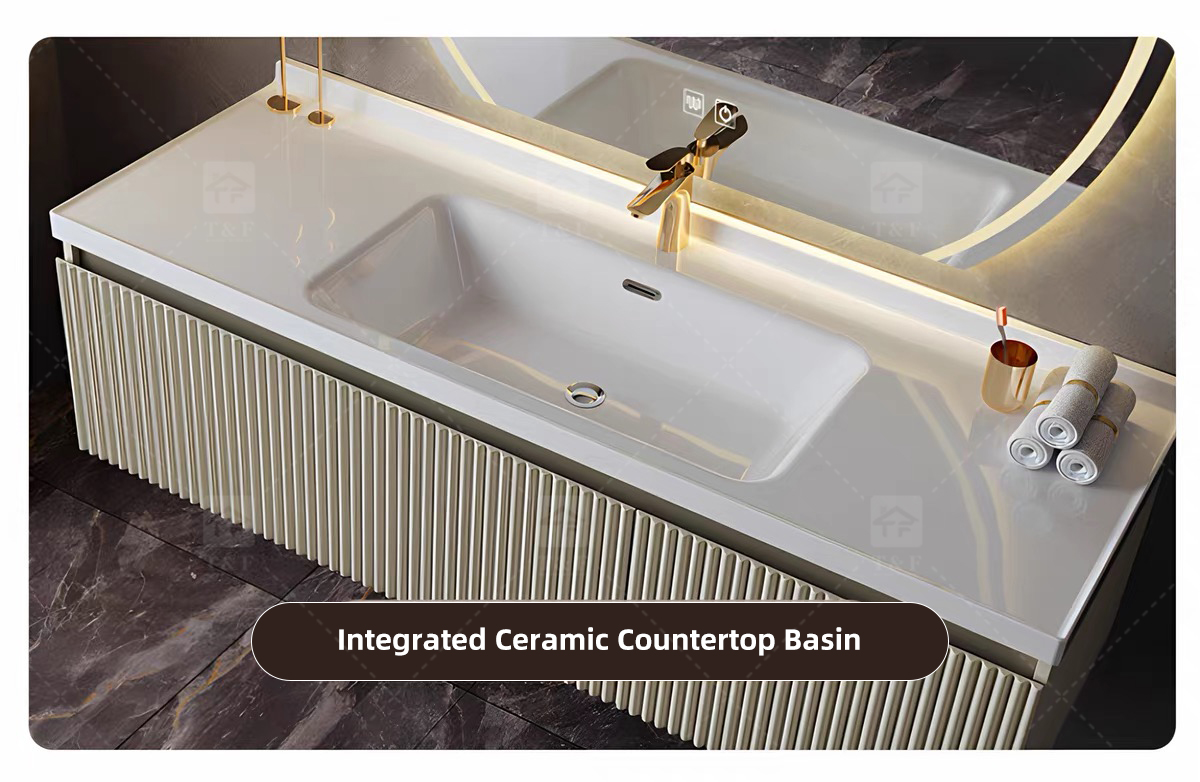 Modern Wall-Mounted Floating Bathroom Vanity with 3D Fluted Cabinet Front, Integrated Basin Sink and LED Half Moon Mirror