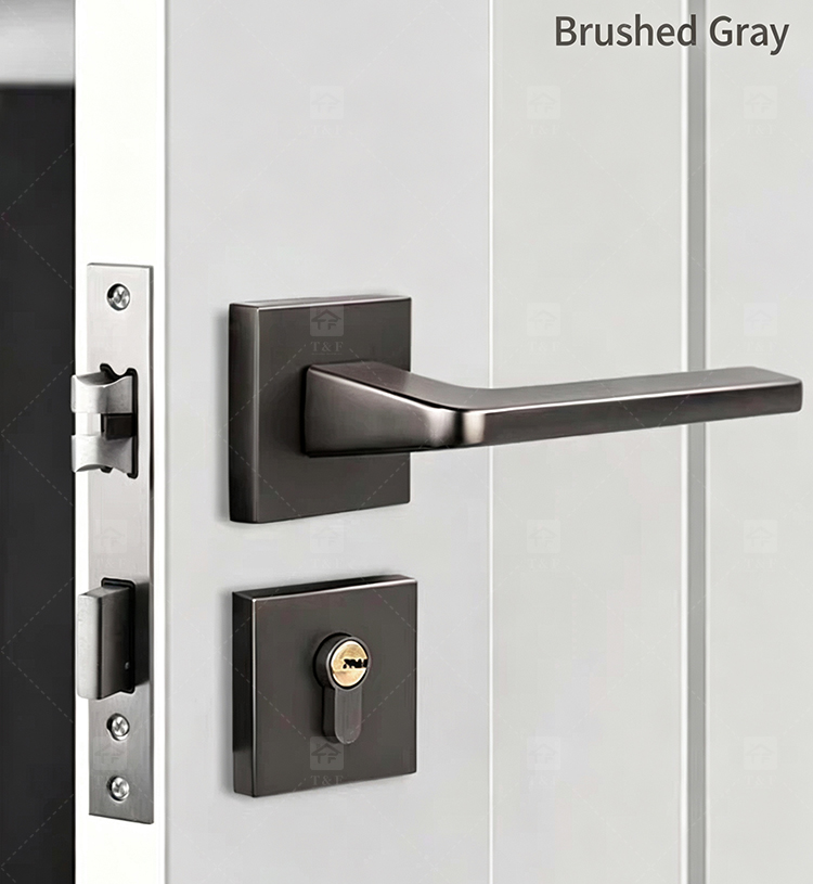 Simple Design Square Rose Interior Split Door Lock Matte Gunmetal Door Lever Handle Set With Key