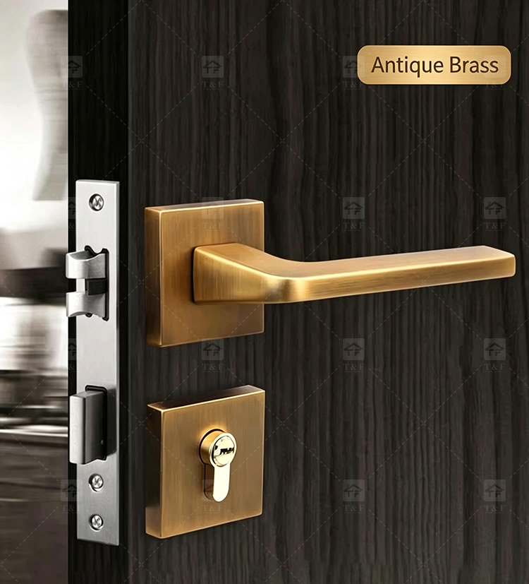 Simple Design Square Rose Interior Split Door Lock Matte Gunmetal Door Lever Handle Set With Key