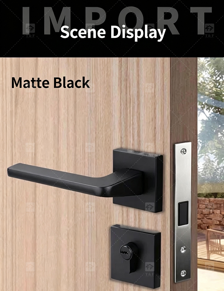 Simple Design Square Rose Interior Split Door Lock Matte Gunmetal Door Lever Handle Set With Key